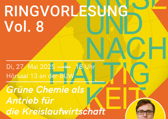 Ringvorlesung Vol. 8 Klimakrise & Nachhaltigkeit. Di, 27. Mai 2025 → 18 Uhr Hörsaal 13 an der BUW. Grüne Chemie als Antrieb für  die Kreislaufwirtschaft. Mit Prof. Dr. Henning Wilts (Wuppertal Institut) und Prof. Dr. Adam Slabon (Bergische Universität Wuppertal).