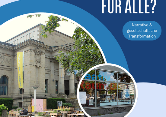Podiumsdiskussion: Zukunft für alle? Narrative und gesellschaftliche Transformation  Do, 19.3. um 19 Uhr  KreativRaum D  Worringer Platz 20,  40210 Düsseldorf  Oben links in der Ecke sind das Logo der VolkswagenStiftung und des transzent zu sehen.  Links mittig sind in einem Kreis ein klassizistischesGebäude mit Baum und temporären Sitzgelegenheiten aus Paletten zu sehen. In einem kleineren Kreis davor ist die Glasfront des KreativRaum D zu sehen.  Das Projekt „Narrative Futures" wird von 2023 bis 2026 als Pioniervorhaben zu Gesellschaftliche Transformationen von der VolkswagenStiftung gefördert.  Der Hintergrund besteht aus verschiedenen unförmigen blauen Kreisen. 
