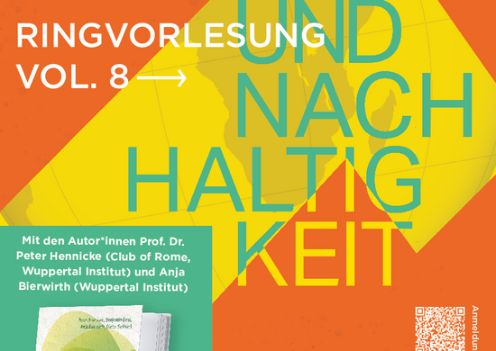 Im Bild steht in weiß folgender Text: Ringvorlesung Vol. 8. Buchvorstellung. 17. Juni 2025, 18 Uhr. Aula, Wuppertal Institut. Links unten im Bild ist ein türkiser Kasten in dem in weiß steht: Mit den Autor*innen Prof. Dr. Peter Hennicke (Club of Rome, Wuppertal Institut) und Anja Bierwirth (Wuppertal Institut). Darunter ist das Buch "KlimaGerecht" aus dem oekom Verlag abgebildet. Rechts im Bild ist ein weißer QR-Code der zur Anmeldung führt. Das Bild hat einen orangenen Hintergrund, vor dem ein gelbes X zu sehen ist. In dem X kann man eine um 90° gedrehte Weltkarte sehen. Über beidem steht in türkis Klimakrise und Nachhaltigkeit. Ganz unten ist ein weißer Balken mit den Logos der Students  for Future Wuppertal, des AStA der Bergischen Universität, der Uni Wuppertal, des transzent und des Wuppertal Instituts.