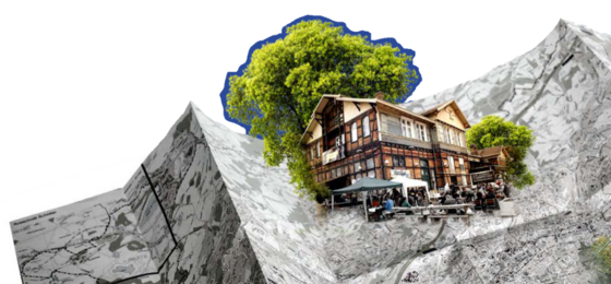 Aus einem aufgefalteten Stadtplan von Wuppertal "wächst" der Mirker Bahnhof (das Gebäude von Utopiastadt) umgeben von Bäumen.